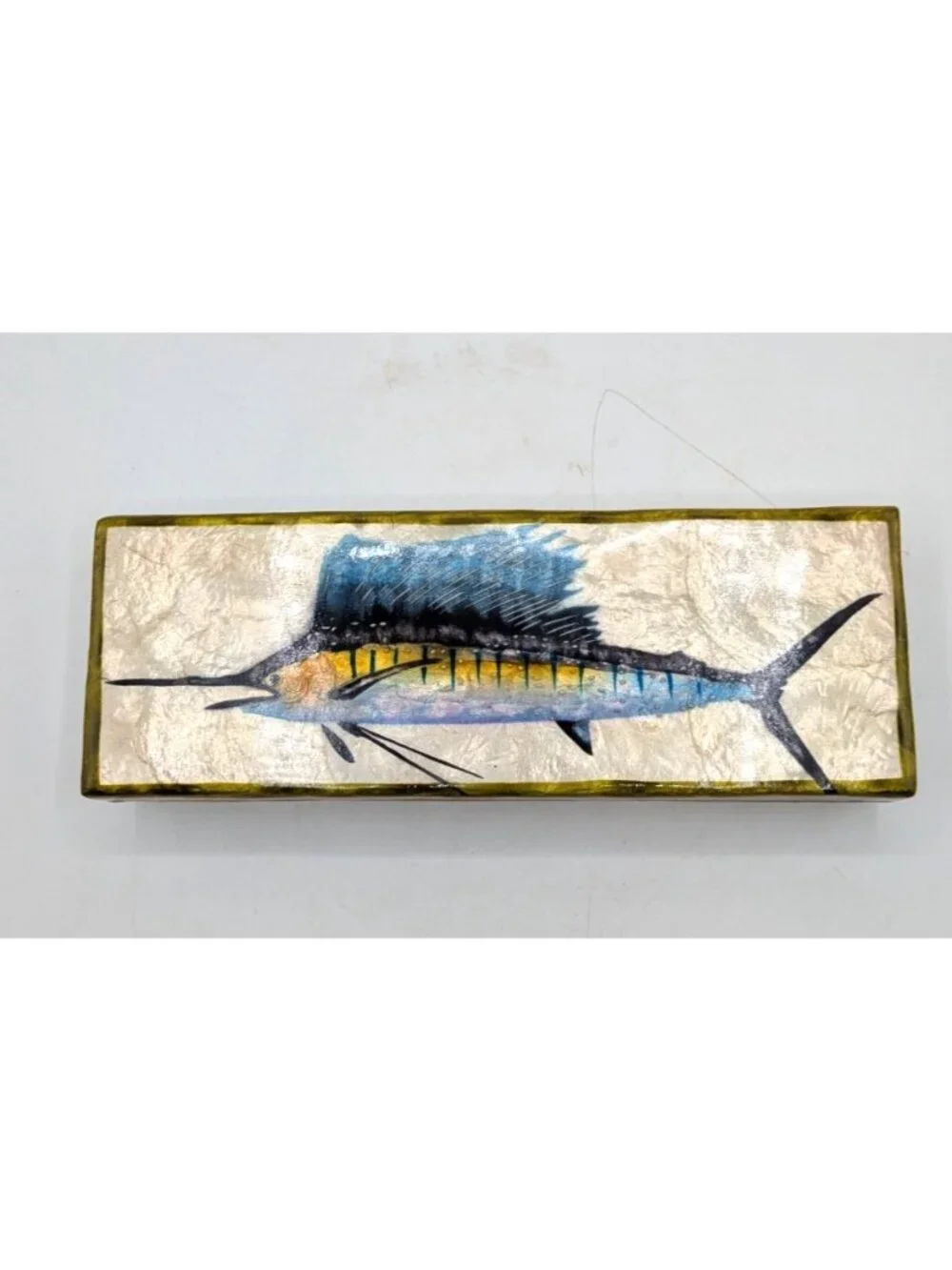 Vintage Hand Painted Swordfish Capiz Shell Long Trinket Box Philippines 9
